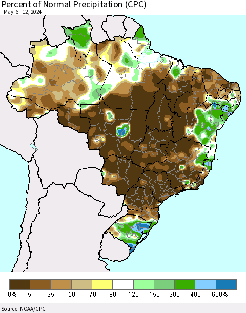 Brazil Percent of Normal Precipitation (CPC) Thematic Map For 5/6/2024 - 5/12/2024