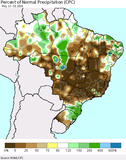 Brazil Percent of Normal Precipitation (CPC) Thematic Map For 5/13/2024 - 5/19/2024
