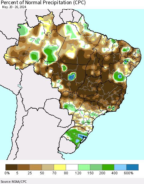 Brazil Percent of Normal Precipitation (CPC) Thematic Map For 5/20/2024 - 5/26/2024