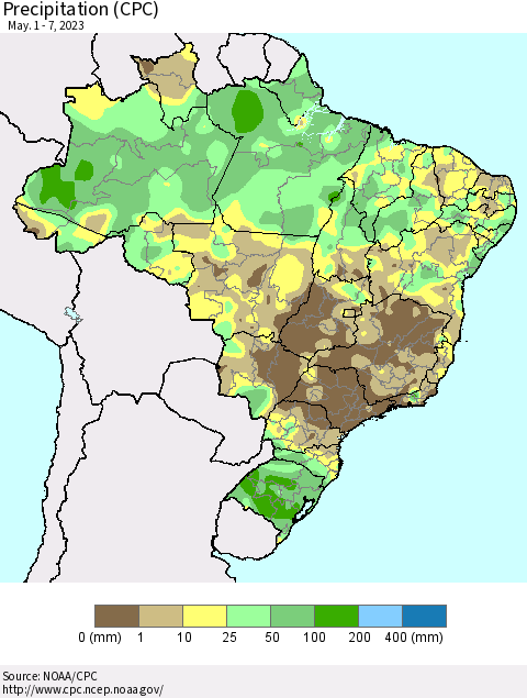 Brazil Precipitation (CPC) Thematic Map For 5/1/2023 - 5/7/2023