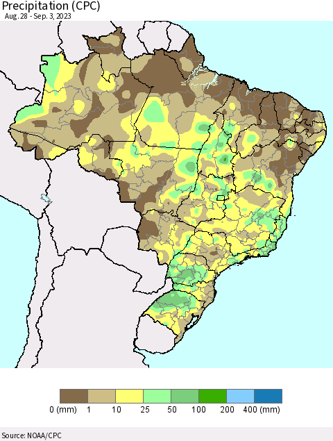 Brazil Precipitation (CPC) Thematic Map For 8/28/2023 - 9/3/2023