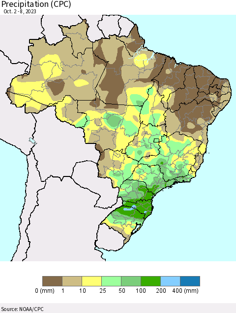 Brazil Precipitation (CPC) Thematic Map For 10/2/2023 - 10/8/2023