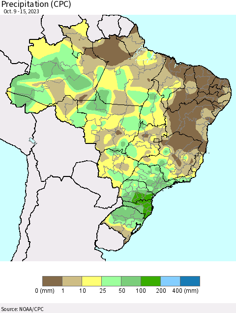 Brazil Precipitation (CPC) Thematic Map For 10/9/2023 - 10/15/2023