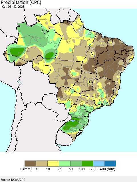 Brazil Precipitation (CPC) Thematic Map For 10/16/2023 - 10/22/2023