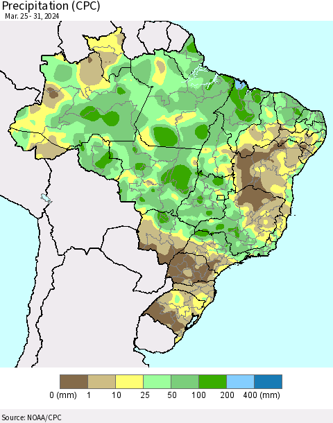 Brazil Precipitation (CPC) Thematic Map For 3/25/2024 - 3/31/2024