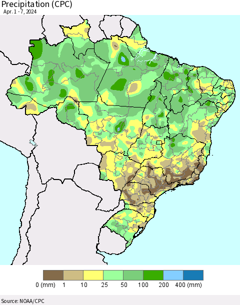 Brazil Precipitation (CPC) Thematic Map For 4/1/2024 - 4/7/2024