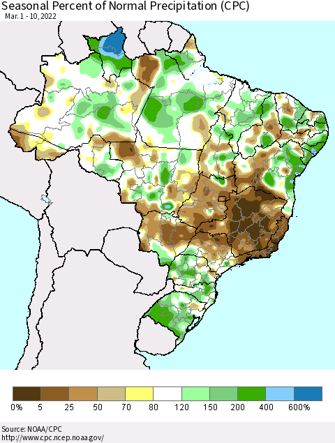 Brazil Seasonal Percent of Normal Precipitation (CPC) Thematic Map For 3/1/2022 - 3/10/2022