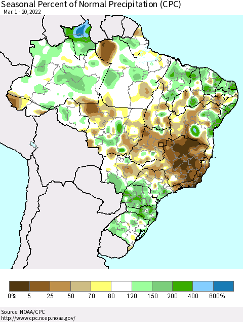 Brazil Seasonal Percent of Normal Precipitation (CPC) Thematic Map For 3/1/2022 - 3/20/2022