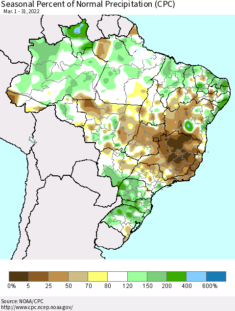 Brazil Seasonal Percent of Normal Precipitation (CPC) Thematic Map For 3/1/2022 - 3/31/2022