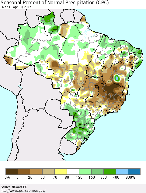 Brazil Seasonal Percent of Normal Precipitation (CPC) Thematic Map For 3/1/2022 - 4/10/2022