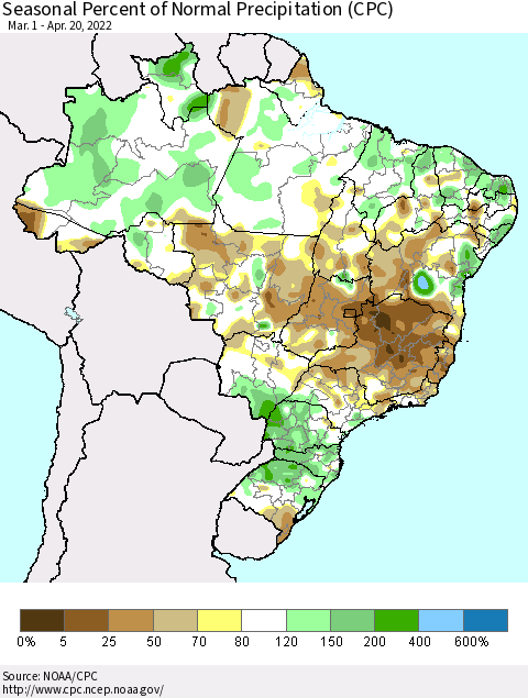 Brazil Seasonal Percent of Normal Precipitation (CPC) Thematic Map For 3/1/2022 - 4/20/2022