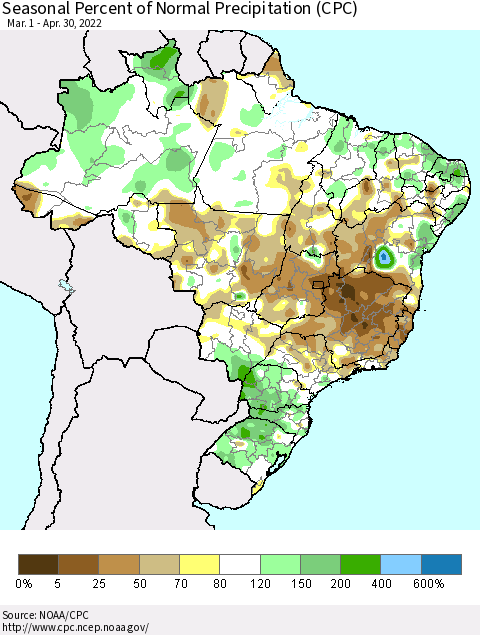 Brazil Seasonal Percent of Normal Precipitation (CPC) Thematic Map For 3/1/2022 - 4/30/2022