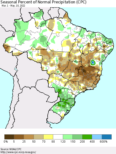 Brazil Seasonal Percent of Normal Precipitation (CPC) Thematic Map For 3/1/2022 - 5/10/2022