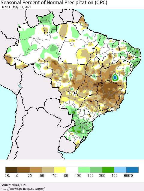 Brazil Seasonal Percent of Normal Precipitation (CPC) Thematic Map For 3/1/2022 - 5/31/2022