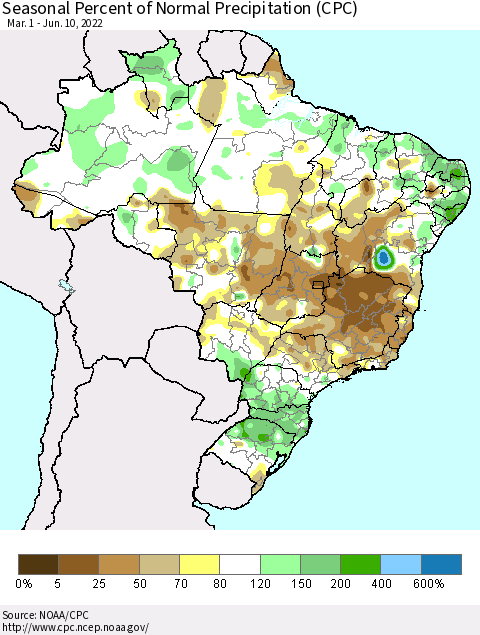 Brazil Seasonal Percent of Normal Precipitation (CPC) Thematic Map For 3/1/2022 - 6/10/2022