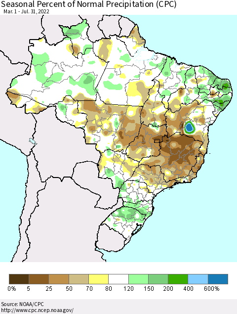 Brazil Seasonal Percent of Normal Precipitation (CPC) Thematic Map For 3/1/2022 - 7/31/2022
