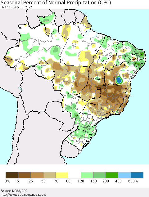 Brazil Seasonal Percent of Normal Precipitation (CPC) Thematic Map For 3/1/2022 - 9/10/2022