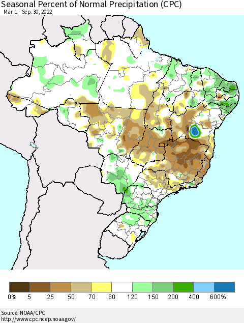 Brazil Seasonal Percent of Normal Precipitation (CPC) Thematic Map For 3/1/2022 - 9/30/2022