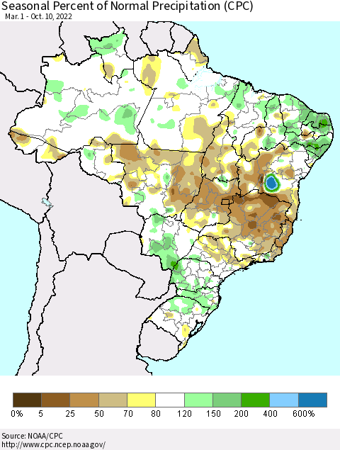 Brazil Seasonal Percent of Normal Precipitation (CPC) Thematic Map For 3/1/2022 - 10/10/2022