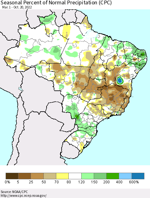 Brazil Seasonal Percent of Normal Precipitation (CPC) Thematic Map For 3/1/2022 - 10/20/2022