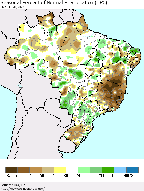 Brazil Seasonal Percent of Normal Precipitation (CPC) Thematic Map For 3/1/2023 - 3/20/2023