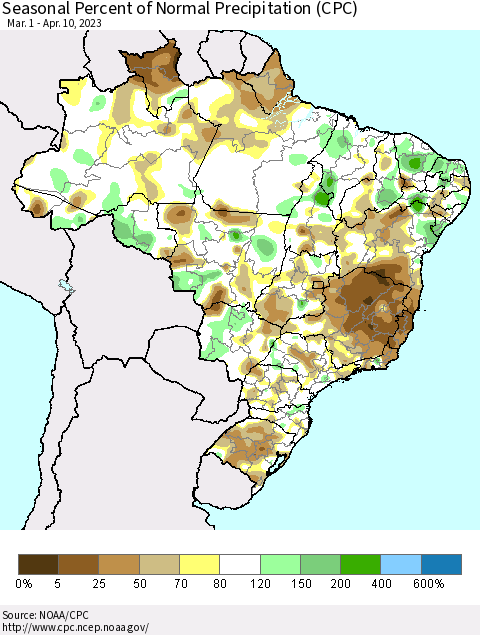 Brazil Seasonal Percent of Normal Precipitation (CPC) Thematic Map For 3/1/2023 - 4/10/2023