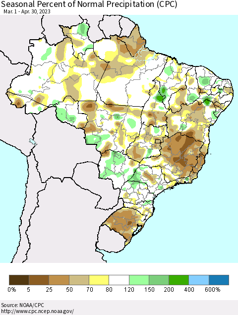 Brazil Seasonal Percent of Normal Precipitation (CPC) Thematic Map For 3/1/2023 - 4/30/2023