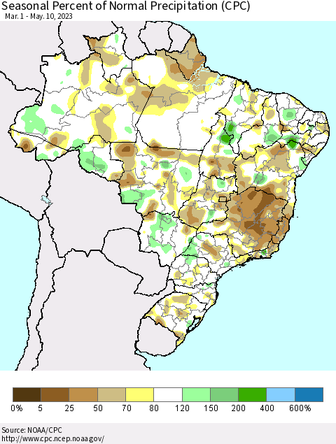 Brazil Seasonal Percent of Normal Precipitation (CPC) Thematic Map For 3/1/2023 - 5/10/2023