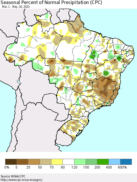 Brazil Seasonal Percent of Normal Precipitation (CPC) Thematic Map For 3/1/2023 - 5/20/2023