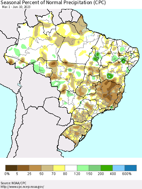 Brazil Seasonal Percent of Normal Precipitation (CPC) Thematic Map For 3/1/2023 - 6/10/2023