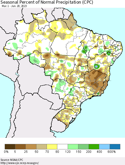 Brazil Seasonal Percent of Normal Precipitation (CPC) Thematic Map For 3/1/2023 - 6/20/2023