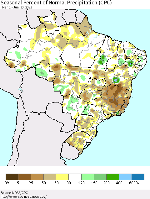 Brazil Seasonal Percent of Normal Precipitation (CPC) Thematic Map For 3/1/2023 - 6/30/2023