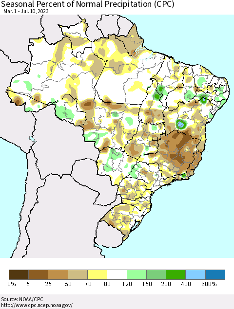 Brazil Seasonal Percent of Normal Precipitation (CPC) Thematic Map For 3/1/2023 - 7/10/2023