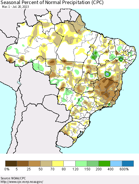 Brazil Seasonal Percent of Normal Precipitation (CPC) Thematic Map For 3/1/2023 - 7/20/2023
