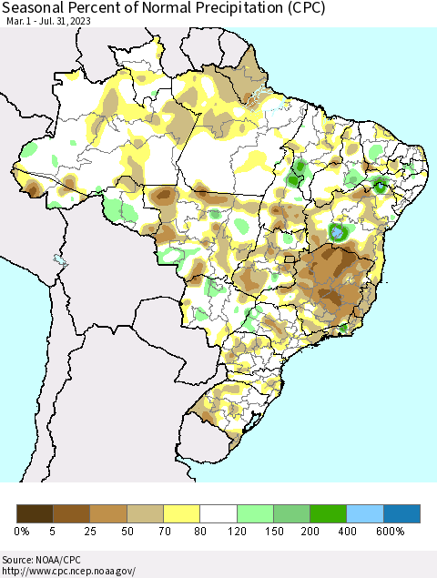 Brazil Seasonal Percent of Normal Precipitation (CPC) Thematic Map For 3/1/2023 - 7/31/2023