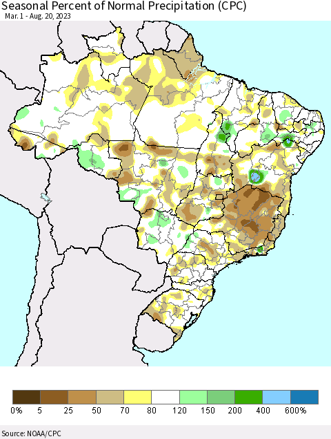 Brazil Seasonal Percent of Normal Precipitation (CPC) Thematic Map For 3/1/2023 - 8/20/2023