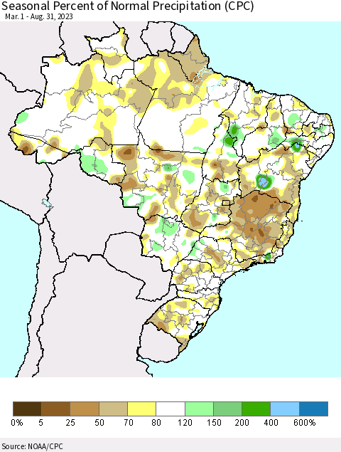 Brazil Seasonal Percent of Normal Precipitation (CPC) Thematic Map For 3/1/2023 - 8/31/2023