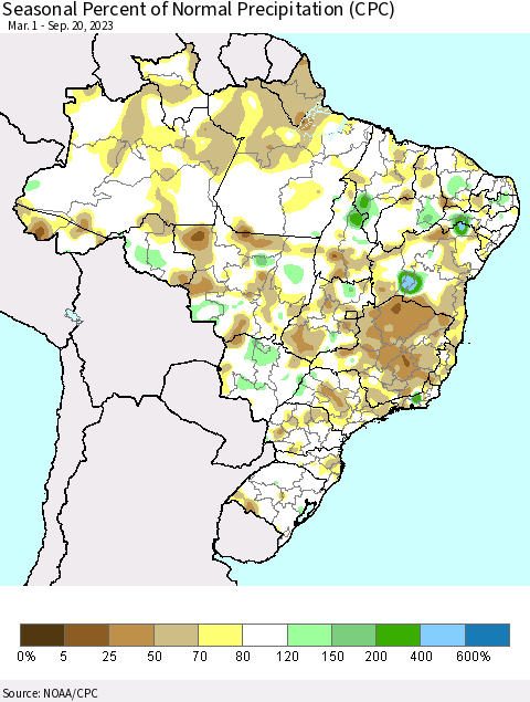 Brazil Seasonal Percent of Normal Precipitation (CPC) Thematic Map For 3/1/2023 - 9/20/2023