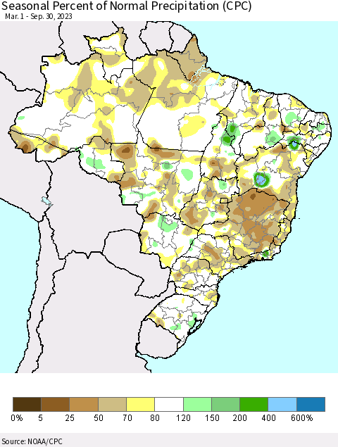 Brazil Seasonal Percent of Normal Precipitation (CPC) Thematic Map For 3/1/2023 - 9/30/2023
