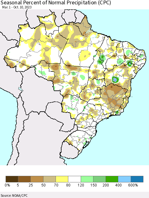 Brazil Seasonal Percent of Normal Precipitation (CPC) Thematic Map For 3/1/2023 - 10/10/2023