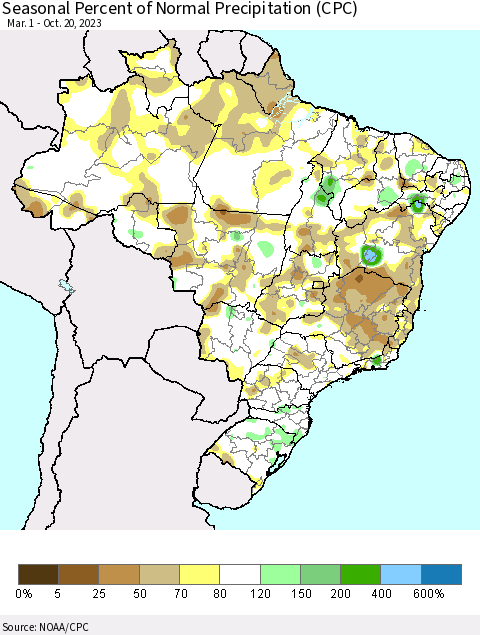 Brazil Seasonal Percent of Normal Precipitation (CPC) Thematic Map For 3/1/2023 - 10/20/2023