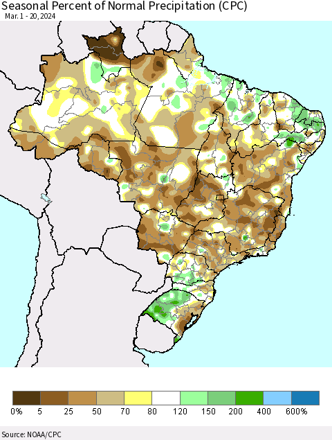 Brazil Seasonal Percent of Normal Precipitation (CPC) Thematic Map For 3/1/2024 - 3/20/2024
