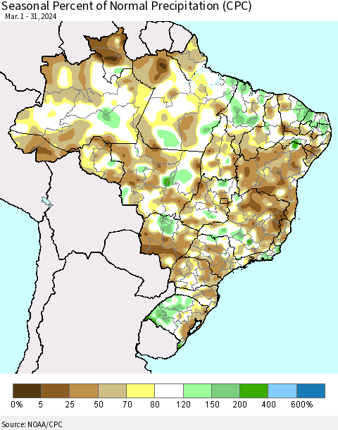 Brazil Seasonal Percent of Normal Precipitation (CPC) Thematic Map For 3/1/2024 - 3/31/2024