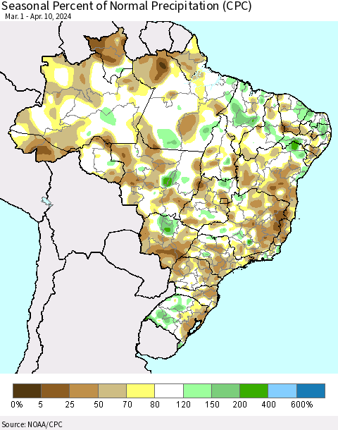 Brazil Seasonal Percent of Normal Precipitation (CPC) Thematic Map For 3/1/2024 - 4/10/2024