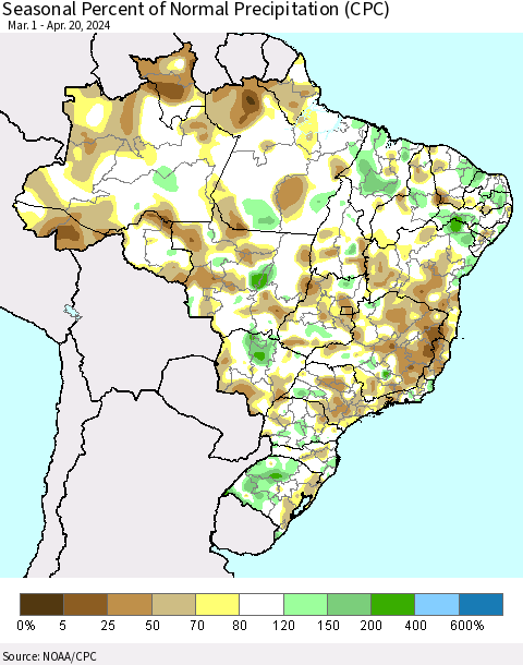 Brazil Seasonal Percent of Normal Precipitation (CPC) Thematic Map For 3/1/2024 - 4/20/2024