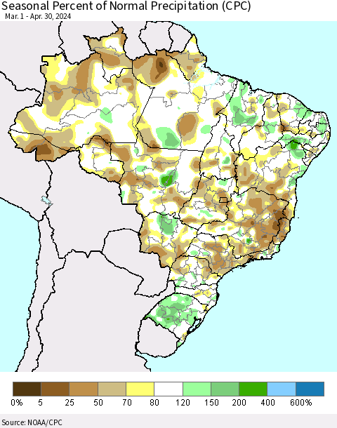 Brazil Seasonal Percent of Normal Precipitation (CPC) Thematic Map For 3/1/2024 - 4/30/2024