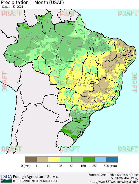 Brazil Precipitation 1-Month (USAF) Thematic Map For 9/1/2021 - 9/30/2021