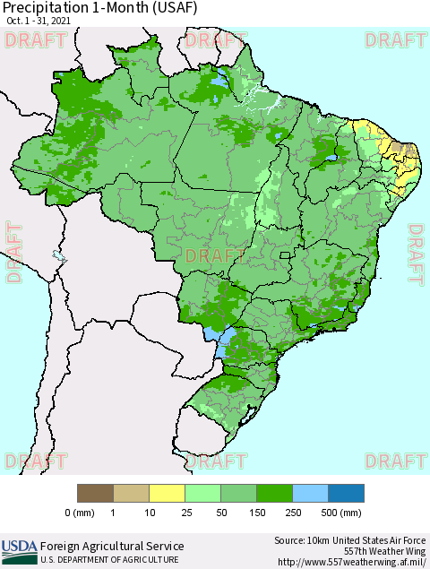 Brazil Precipitation 1-Month (USAF) Thematic Map For 10/1/2021 - 10/31/2021