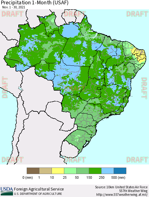 Brazil Precipitation 1-Month (USAF) Thematic Map For 11/1/2021 - 11/30/2021