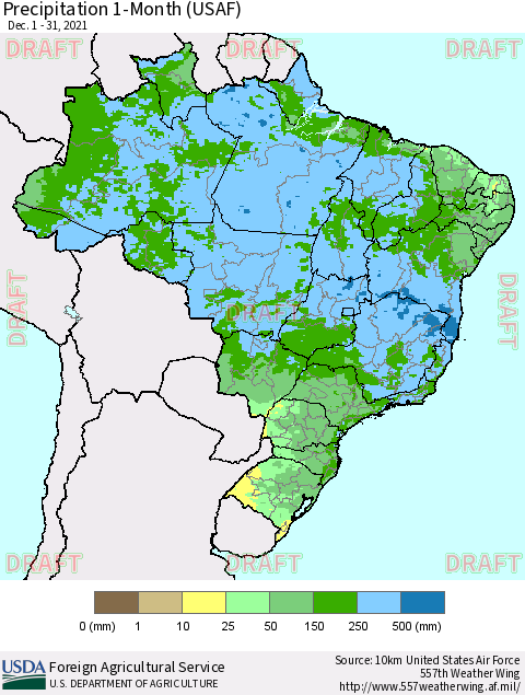 Brazil Precipitation 1-Month (USAF) Thematic Map For 12/1/2021 - 12/31/2021